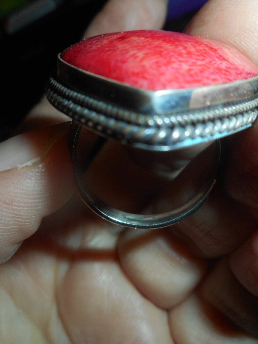 LARGER RED, (HEART) STONE ON SILVER BAND - Women Jewelry, SIZE  7 3/4- 8 - Picture 3 of 6